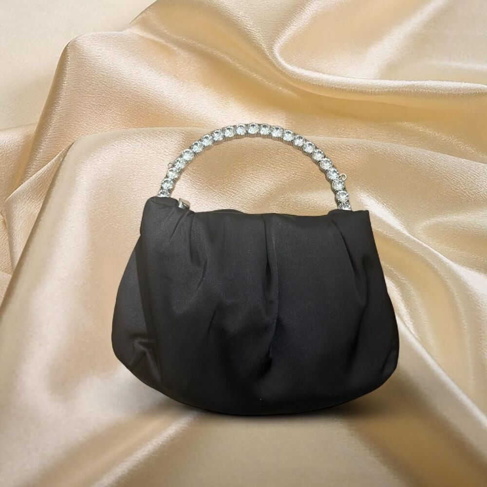 Black satin handbag with rhinestone handle